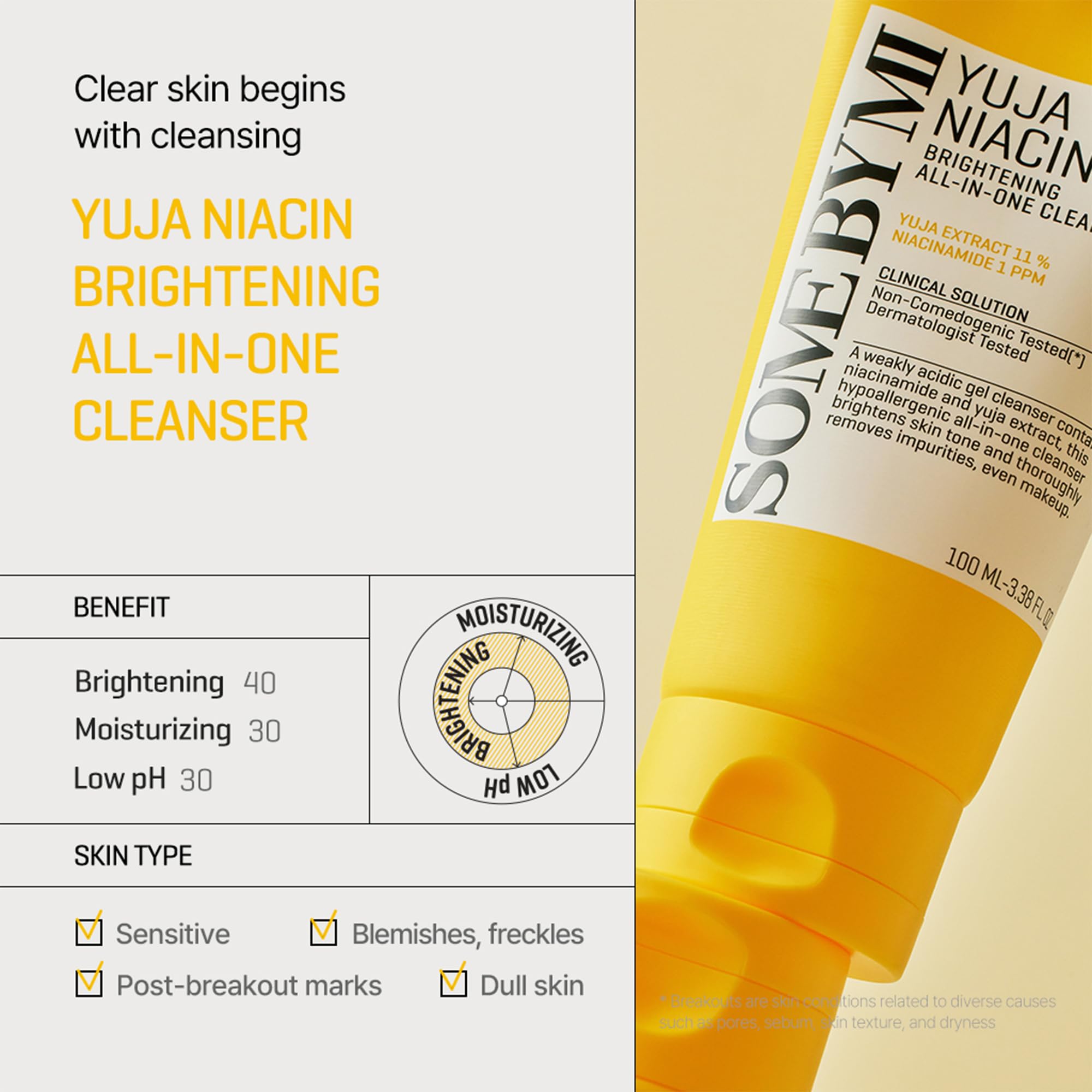SOME BY MI Yuja Niacin Brightening All in One Cleanser - 3.38Oz, 100ml - Mild Daily Face Wash for Dull-Looking Skin - Low pH Formula with No Irritation - Pore and Sebum Care - Korean Skin Care - Image 3